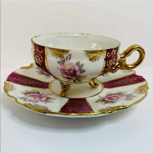 Tea Cup And Saucer Pink Roses Wine Panels Gold Trim Footed Shafford Japan 1950s